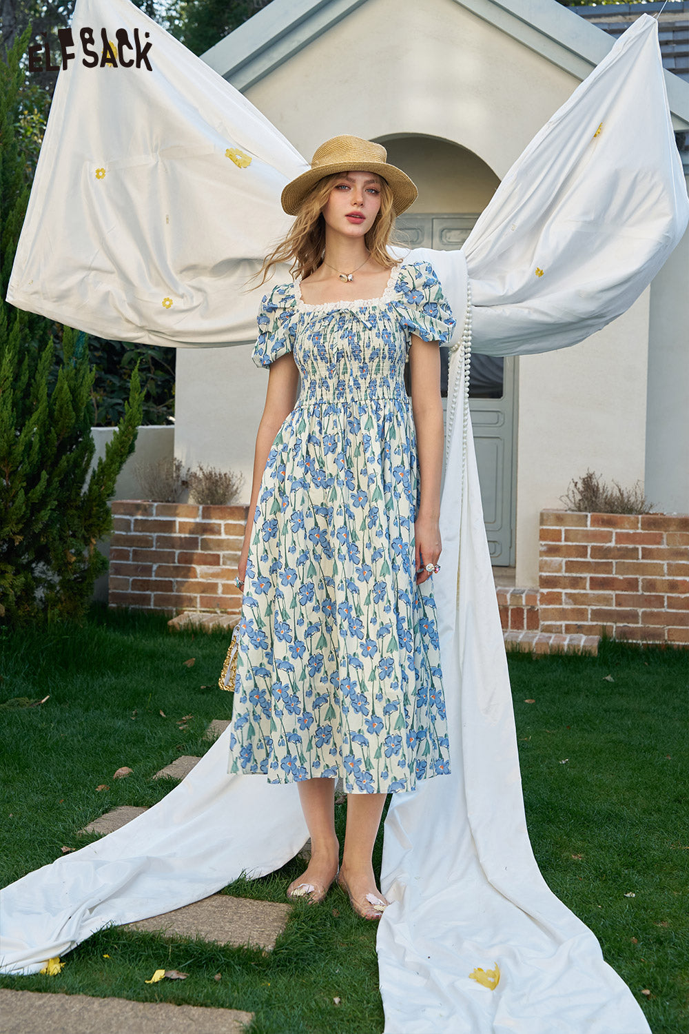 ELFSACK French Floral Waist Cinching Chic Dress