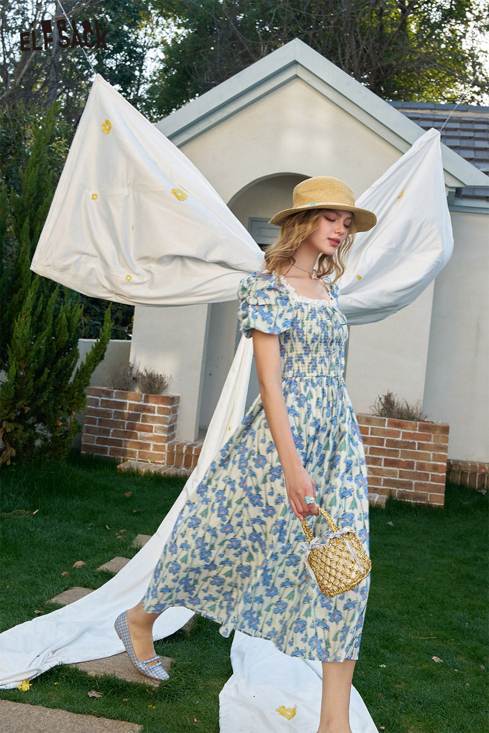 ELFSACK French Floral Waist Cinching Chic Dress