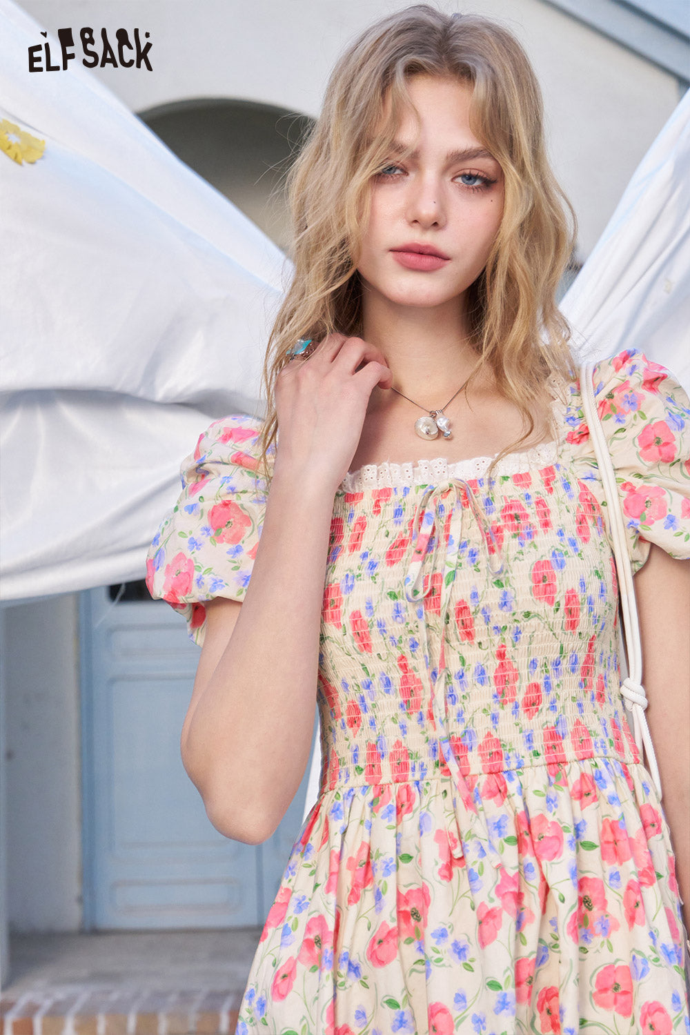 ELFSACK French Floral Waist Cinching Chic Dress
