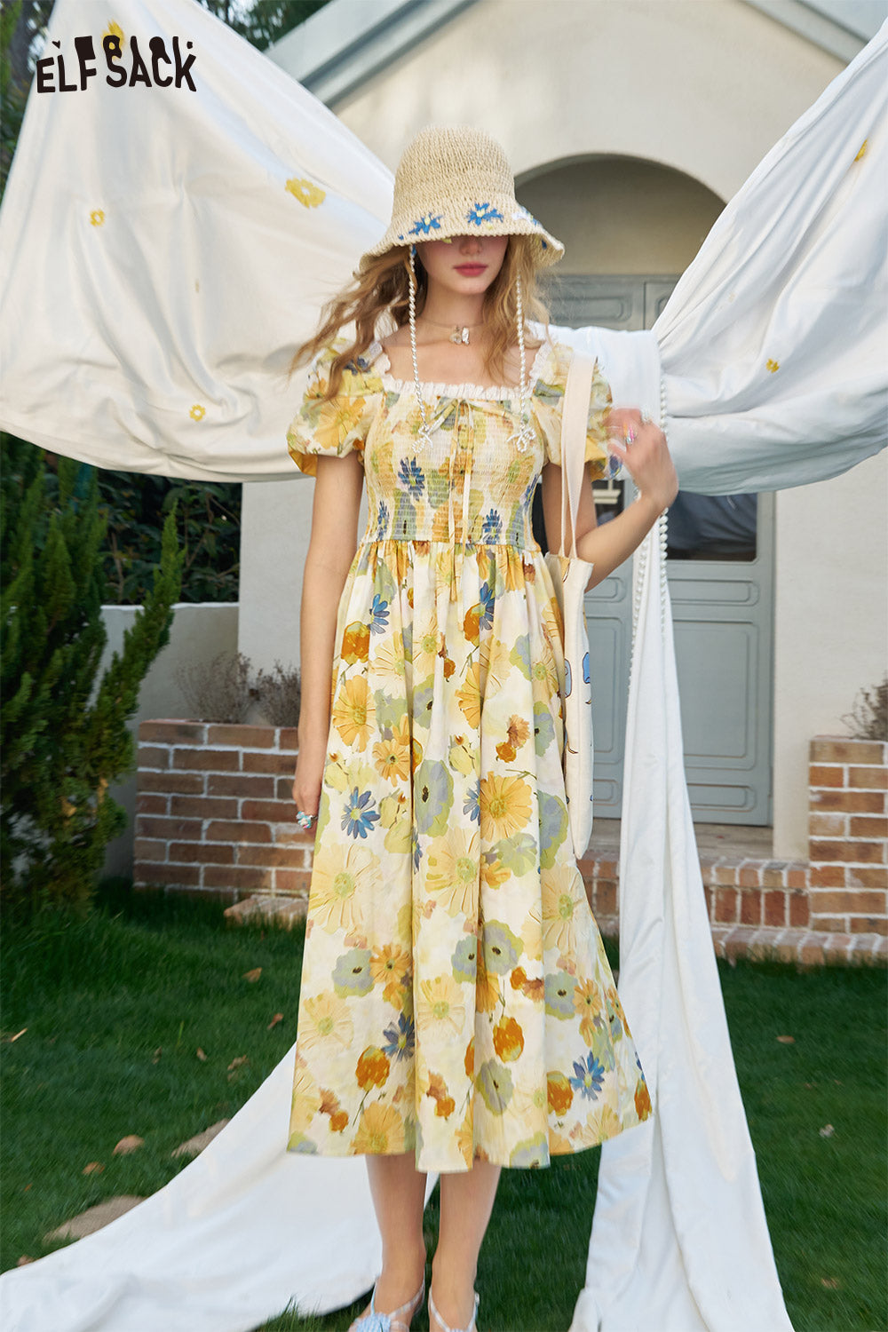 ELFSACK French Floral Waist Cinching Chic Dress