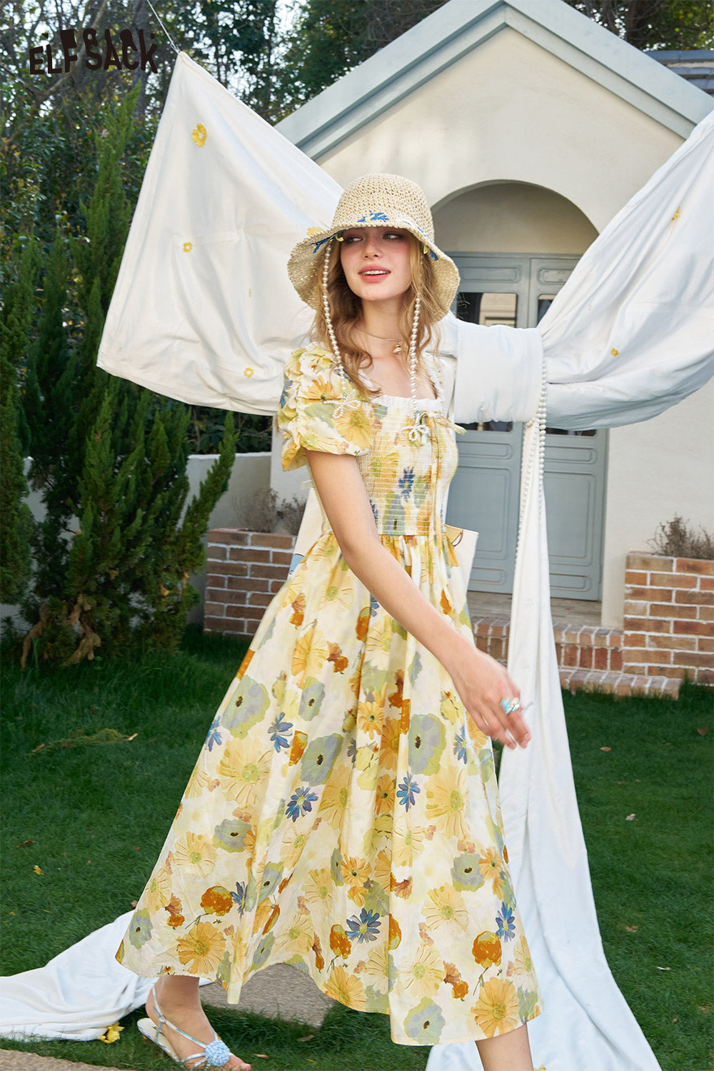 ELFSACK French Floral Waist Cinching Chic Dress