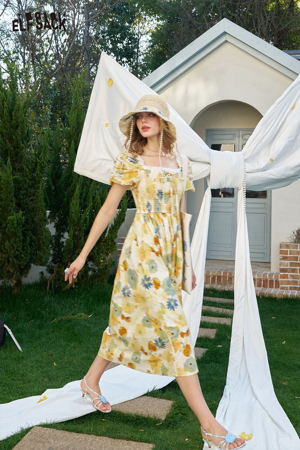 ELFSACK French Floral Waist Cinching Chic Dress