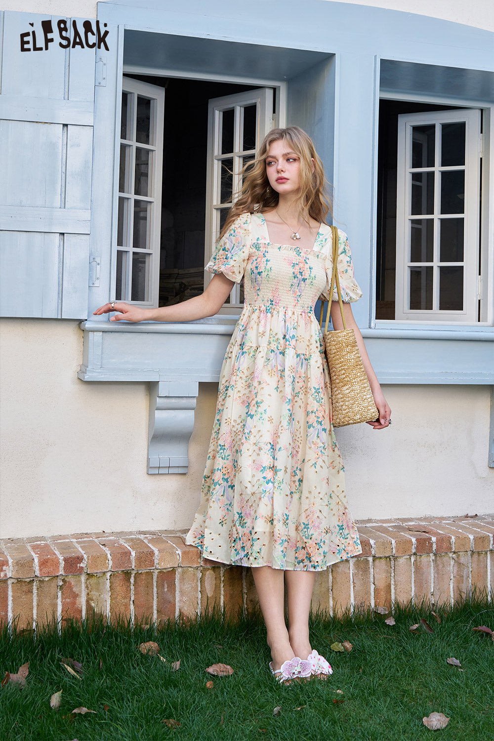 ELFSACK Bubble Sleeve Floral Chic Dress