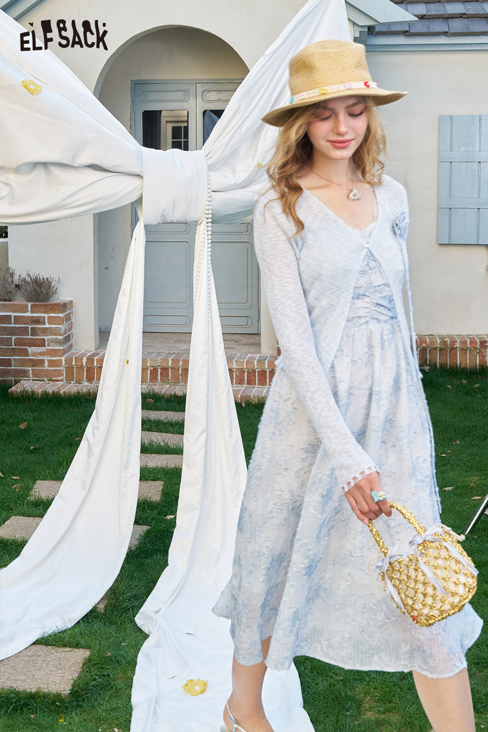 ELFSACK Flower Knitted Cardigan Camisole Dress Two-Piece Set