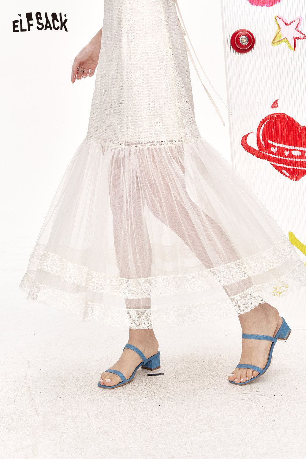 ELFSACK White Mesh Lace Patchwork Suspender Chic Dress