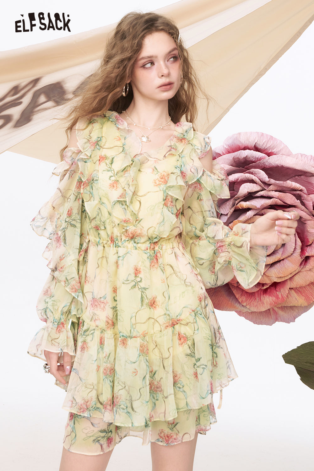 ELFSACK V-Neck Chiffon Floral Chic Dress
