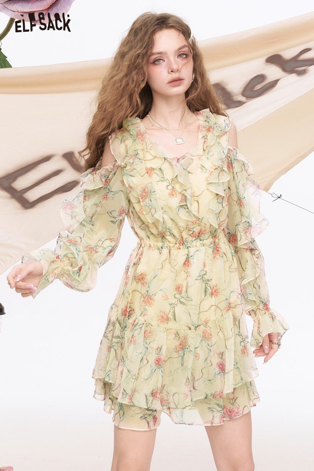 ELFSACK V-Neck Chiffon Floral Chic Dress