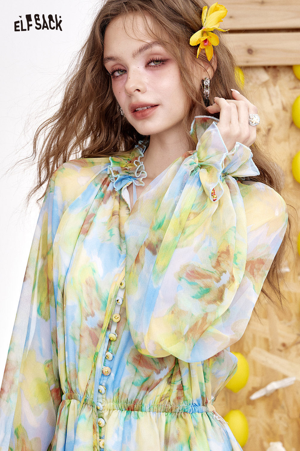 ELFSACK Full Printed Waist Cinched Long Sleeved Chiffon Chic Dress