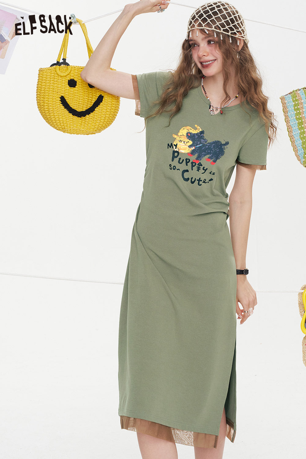 ELFSACK Printed Mesh Patchwork Casual Dress