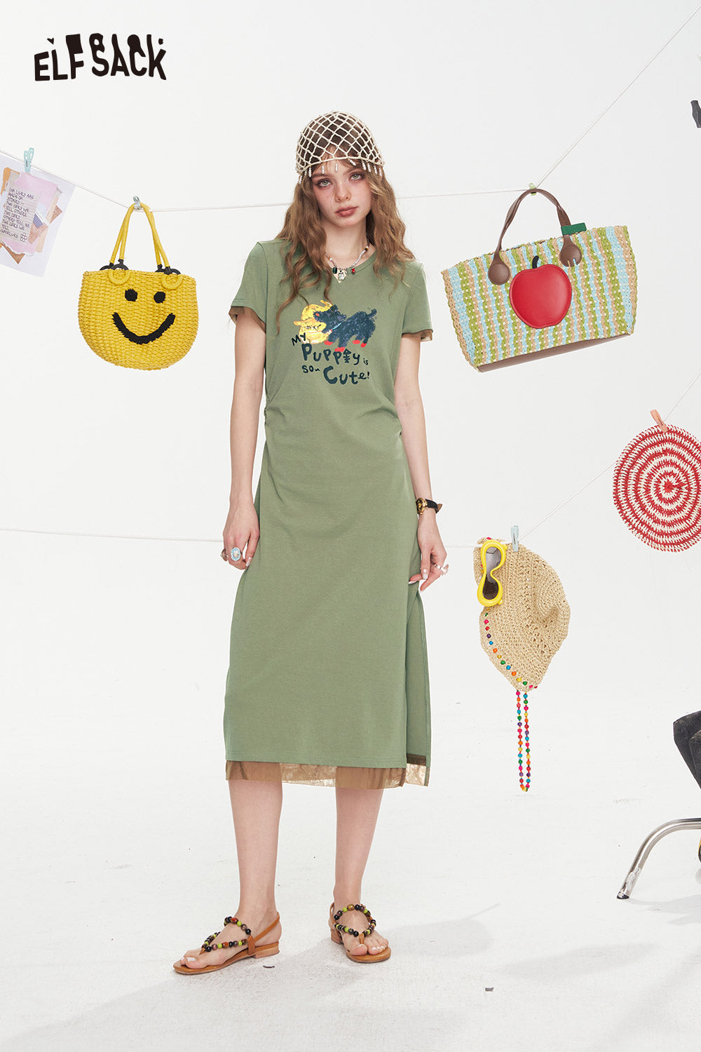 ELFSACK Printed Mesh Patchwork Casual Dress
