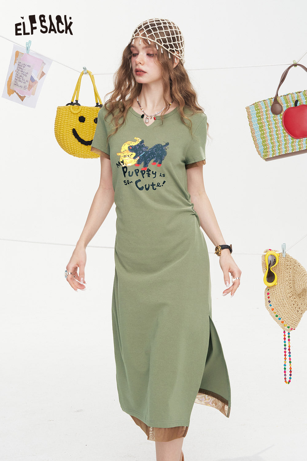 ELFSACK Printed Mesh Patchwork Casual Dress