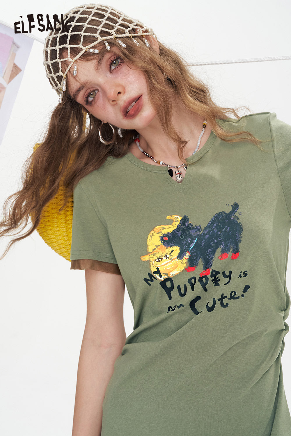 ELFSACK Printed Mesh Patchwork Casual Dress
