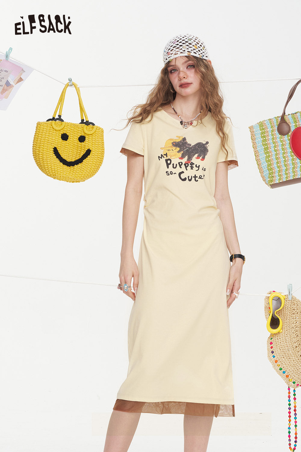 ELFSACK Printed Mesh Patchwork Casual Dress
