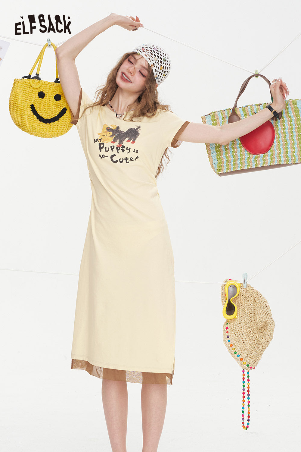 ELFSACK Printed Mesh Patchwork Casual Dress