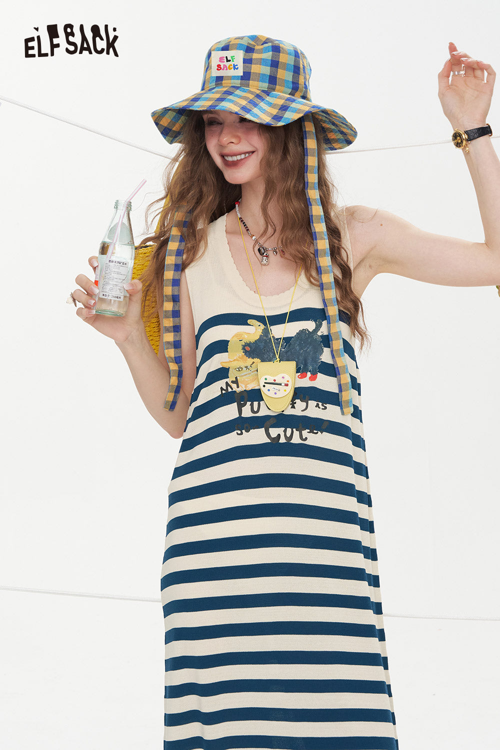 ELFSACK Original Cat Print Casual Sleeveless Dress