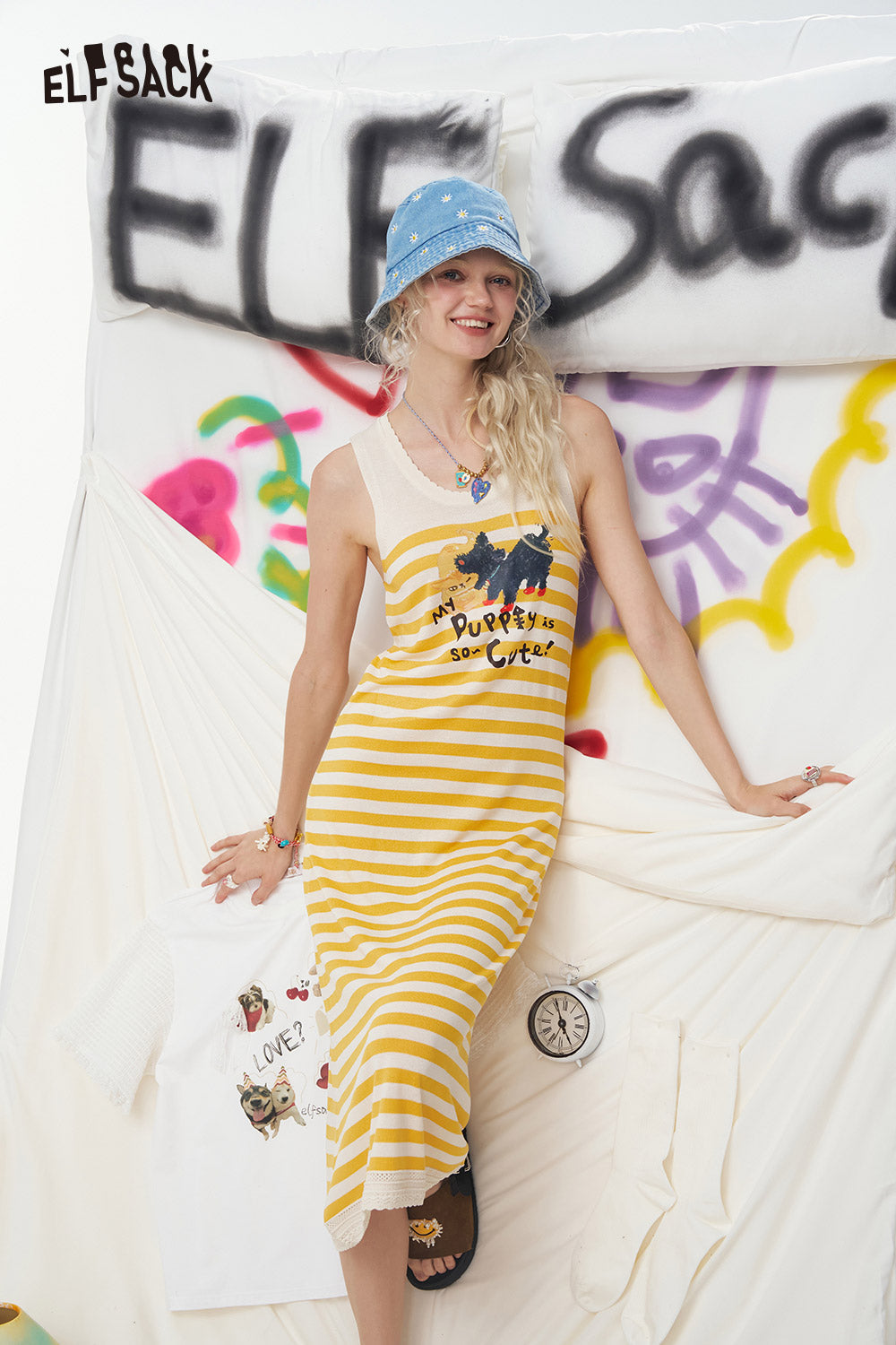 ELFSACK Original Cat Print Casual Sleeveless Dress