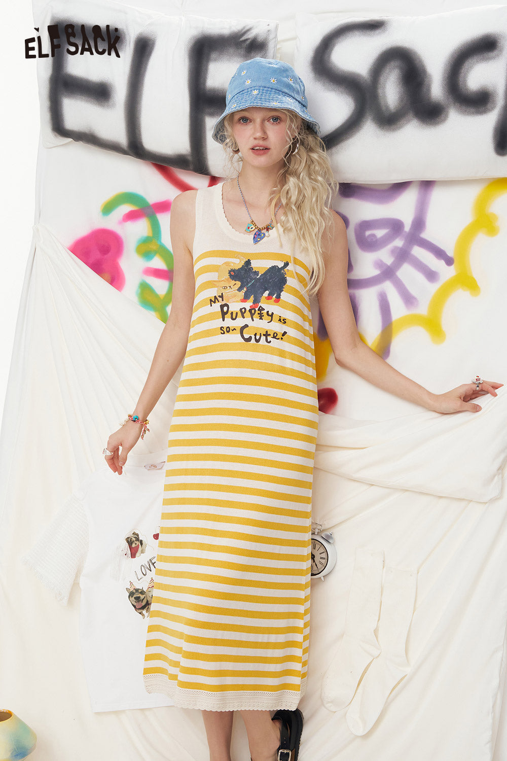 ELFSACK Original Cat Print Casual Sleeveless Dress