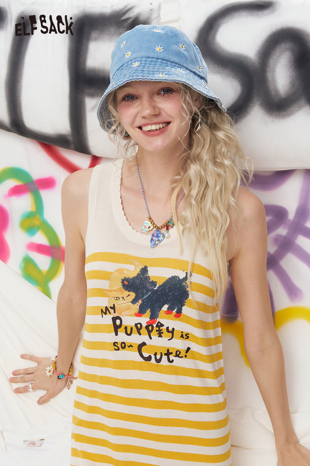 ELFSACK Original Cat Print Casual Sleeveless Dress