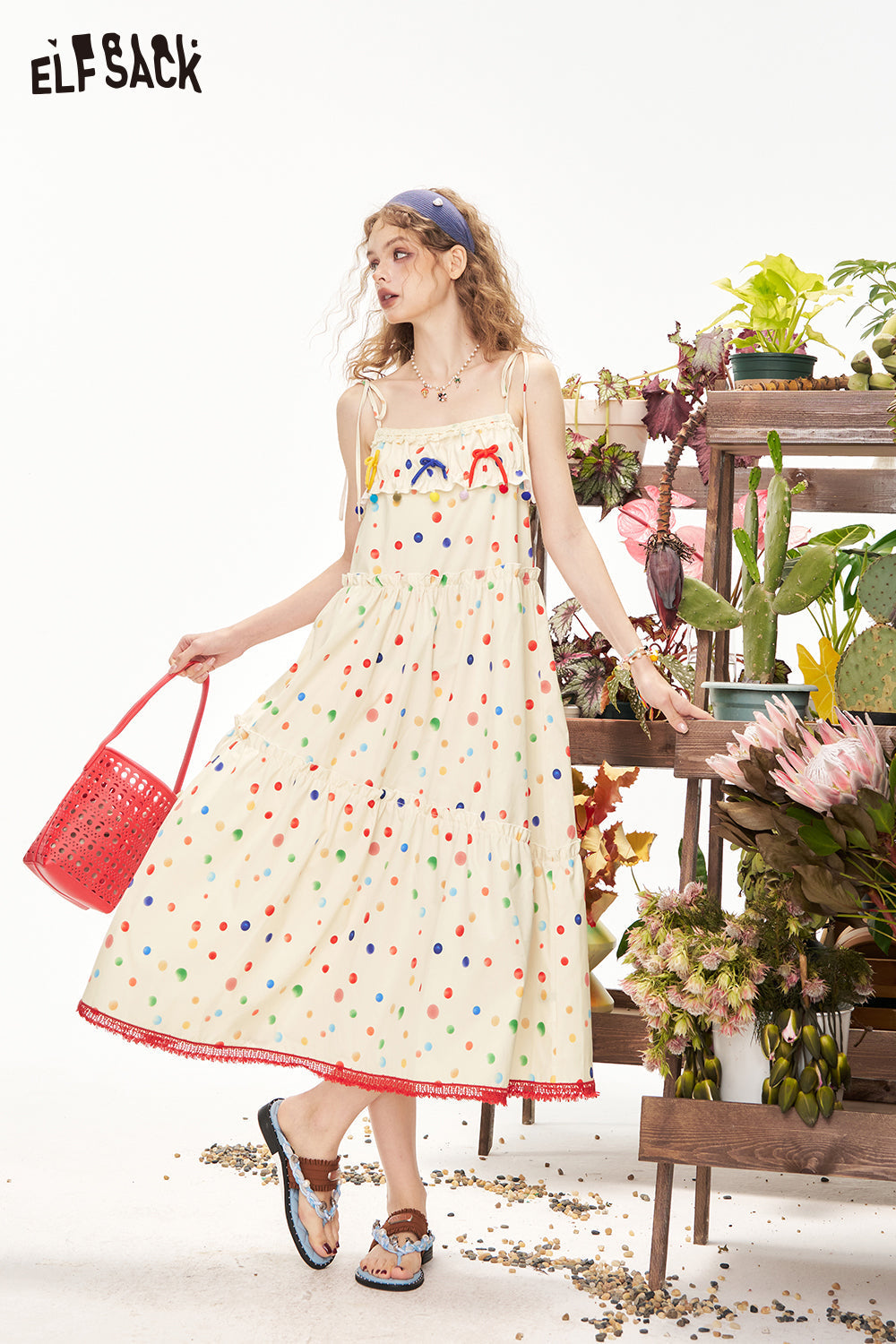 ELFSACK Colorful Polka Dot Square Neck Suspender Chic Dress