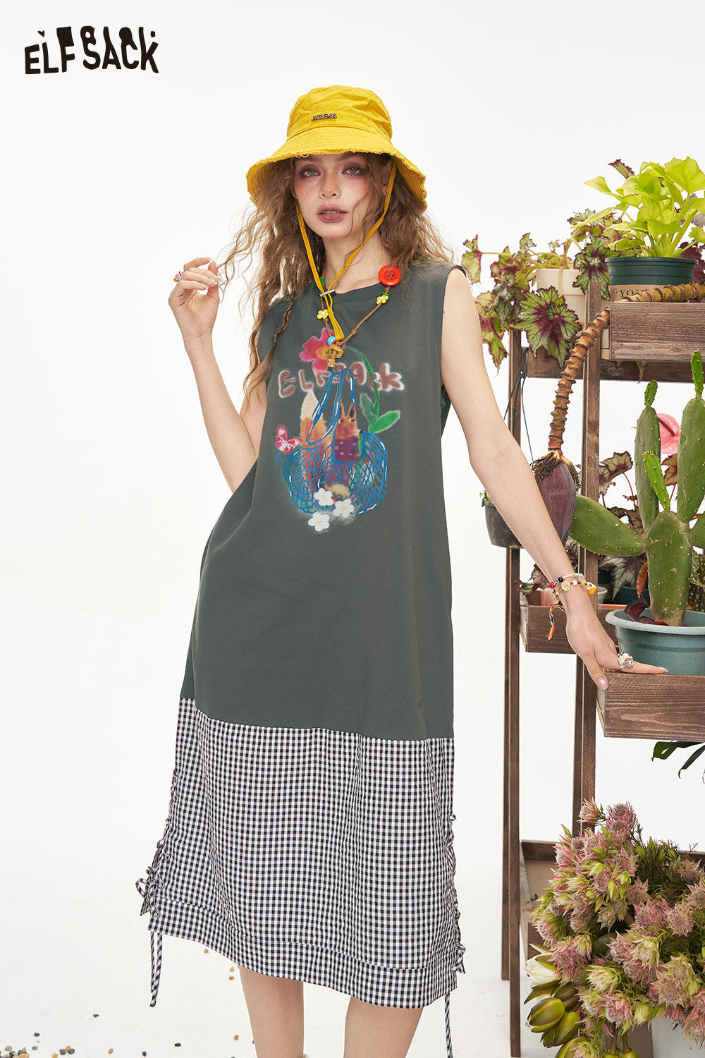 ELFSACK Original Printed Plaid Patchwork Casual Sleeveless Dress