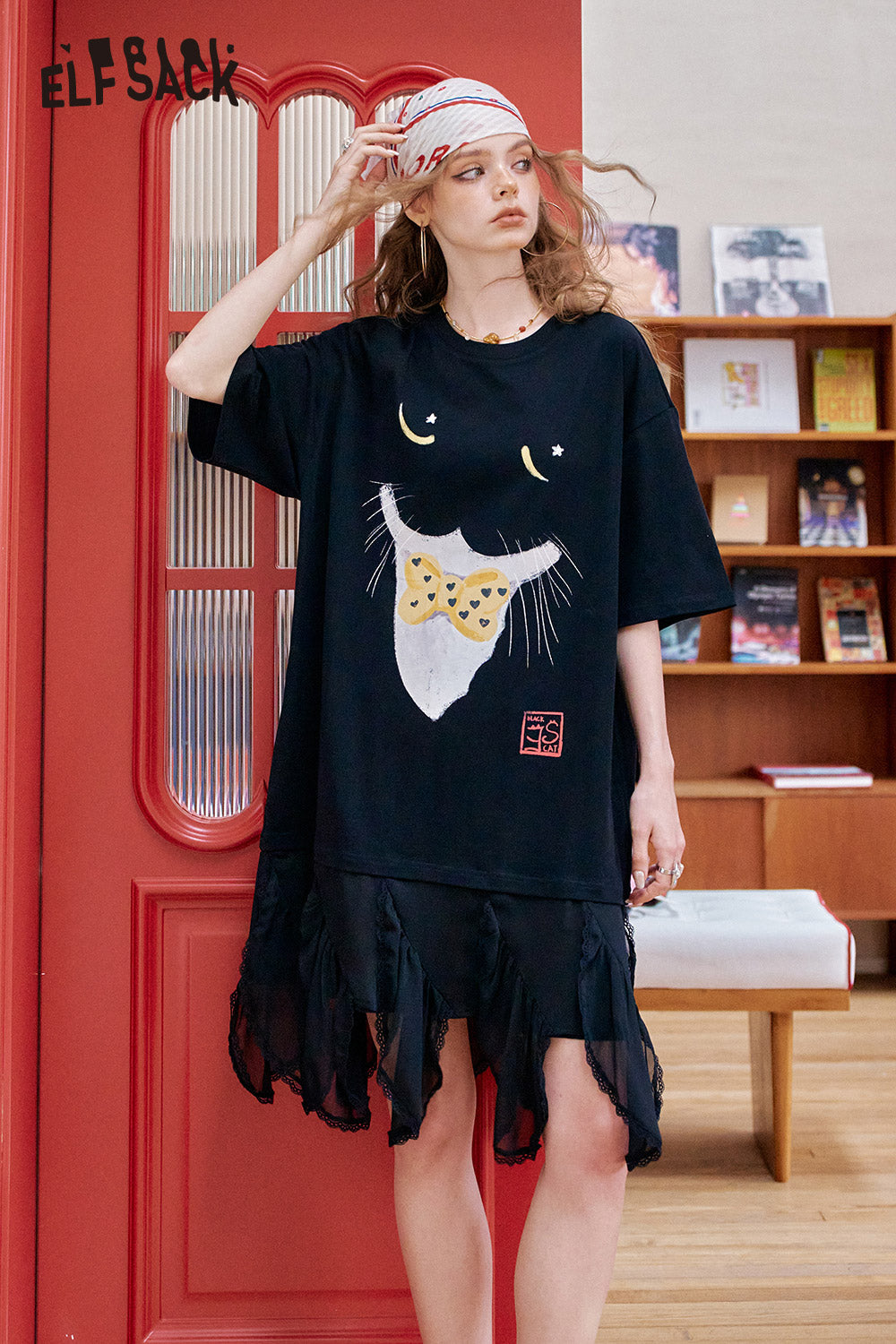 ELFSACK Cat Printed Patchwork Casual Dress