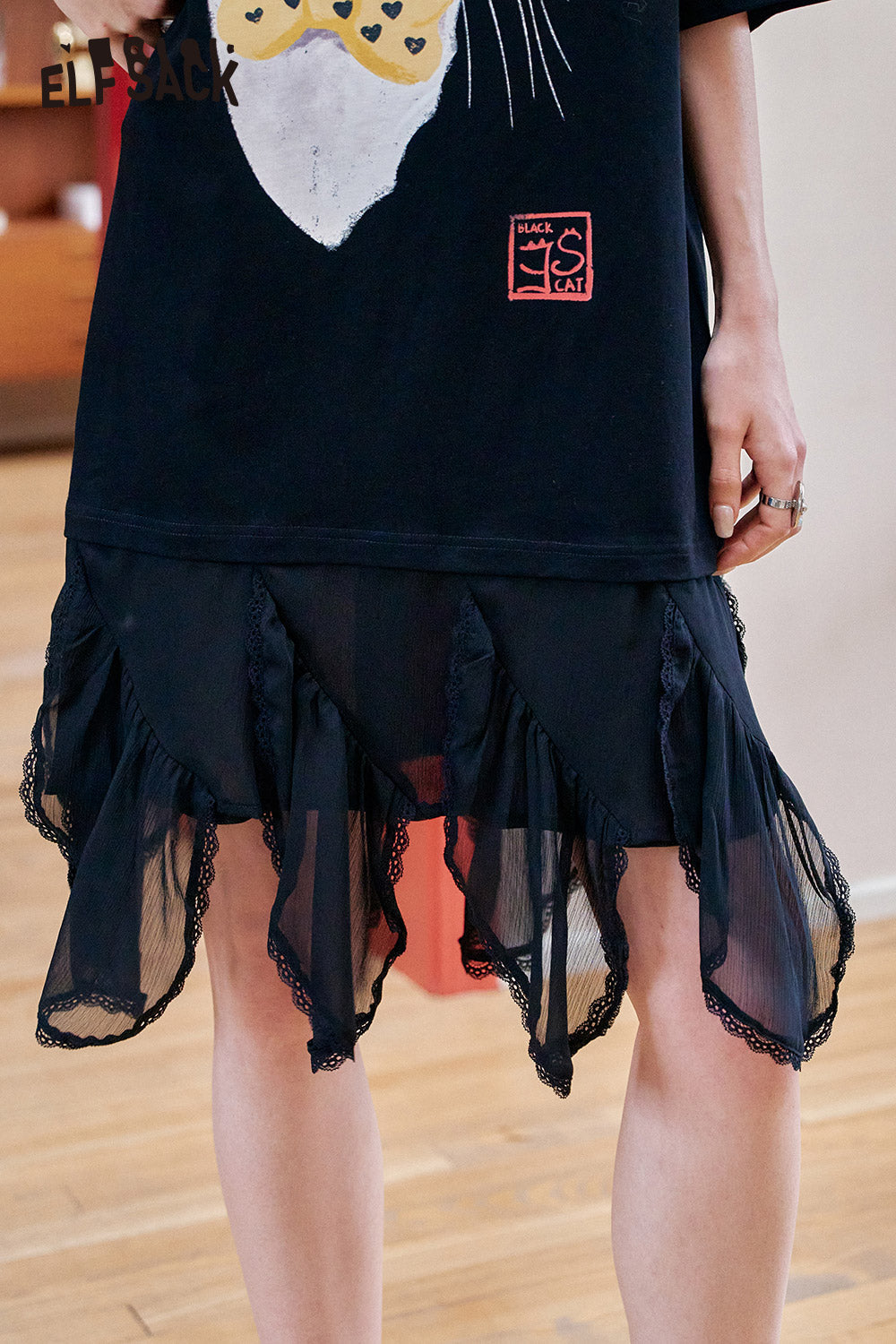 ELFSACK Cat Printed Patchwork Casual Dress