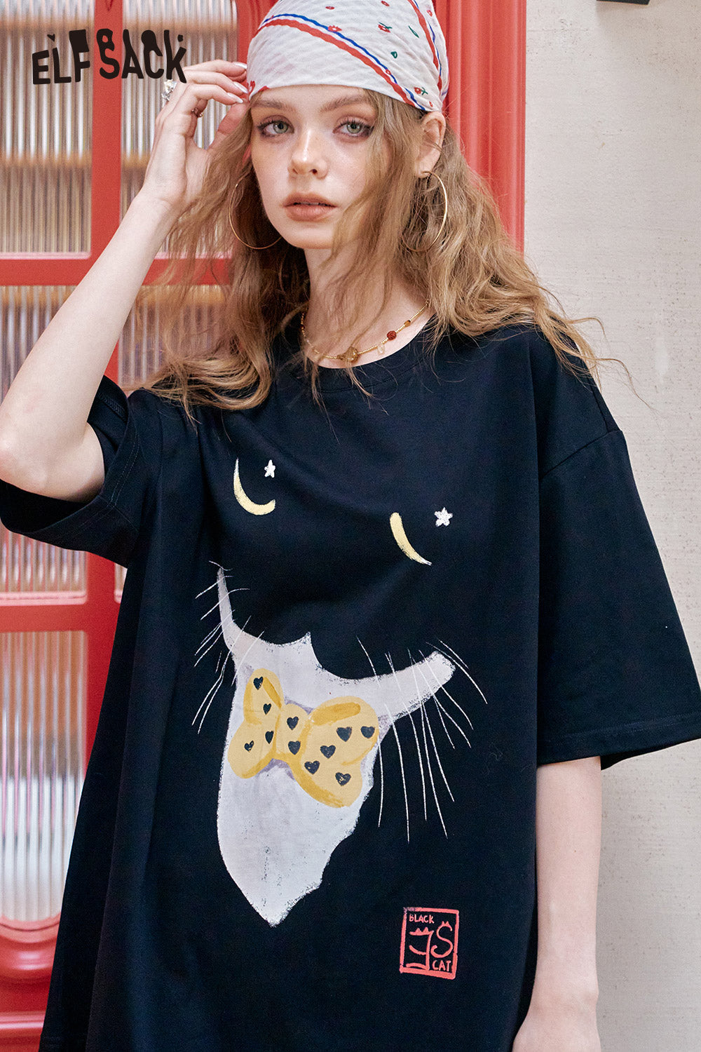 ELFSACK Cat Printed Patchwork Casual Dress