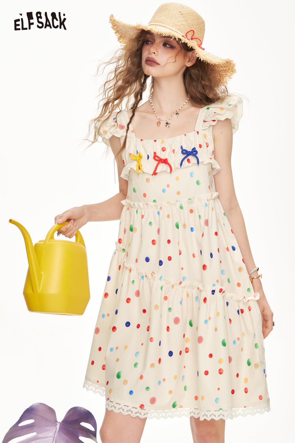 ELFSACK Colorful Polka Dot Small Fly Sleeve Suspender Chic Dress