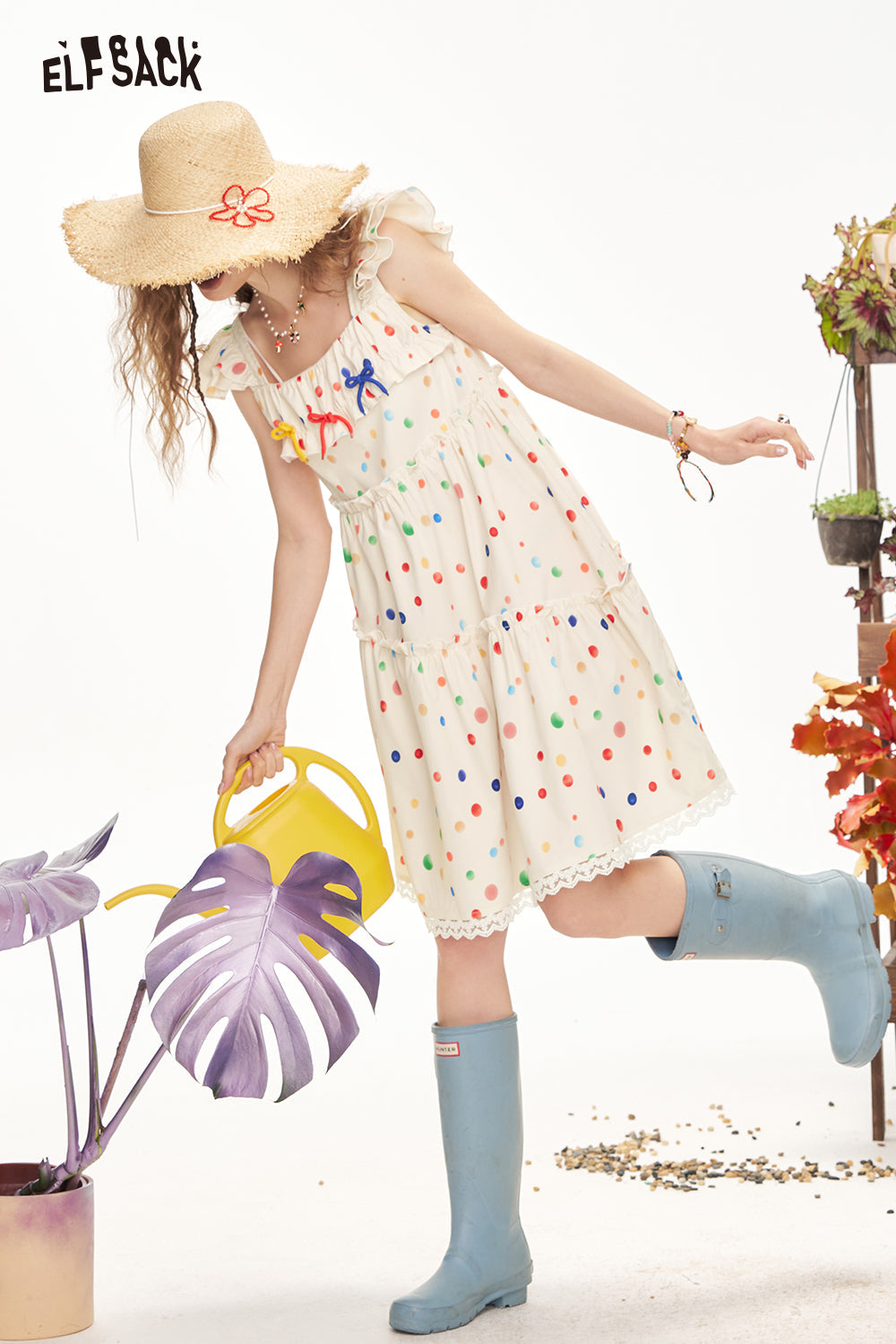 ELFSACK Colorful Polka Dot Small Fly Sleeve Suspender Chic Dress
