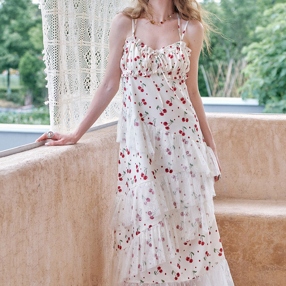 ELFSACK Cherry Print Lace Patchwork Mesh Chic Dress