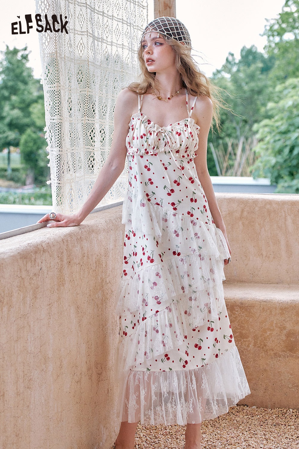 ELFSACK Cherry Print Lace Patchwork Mesh Chic Dress