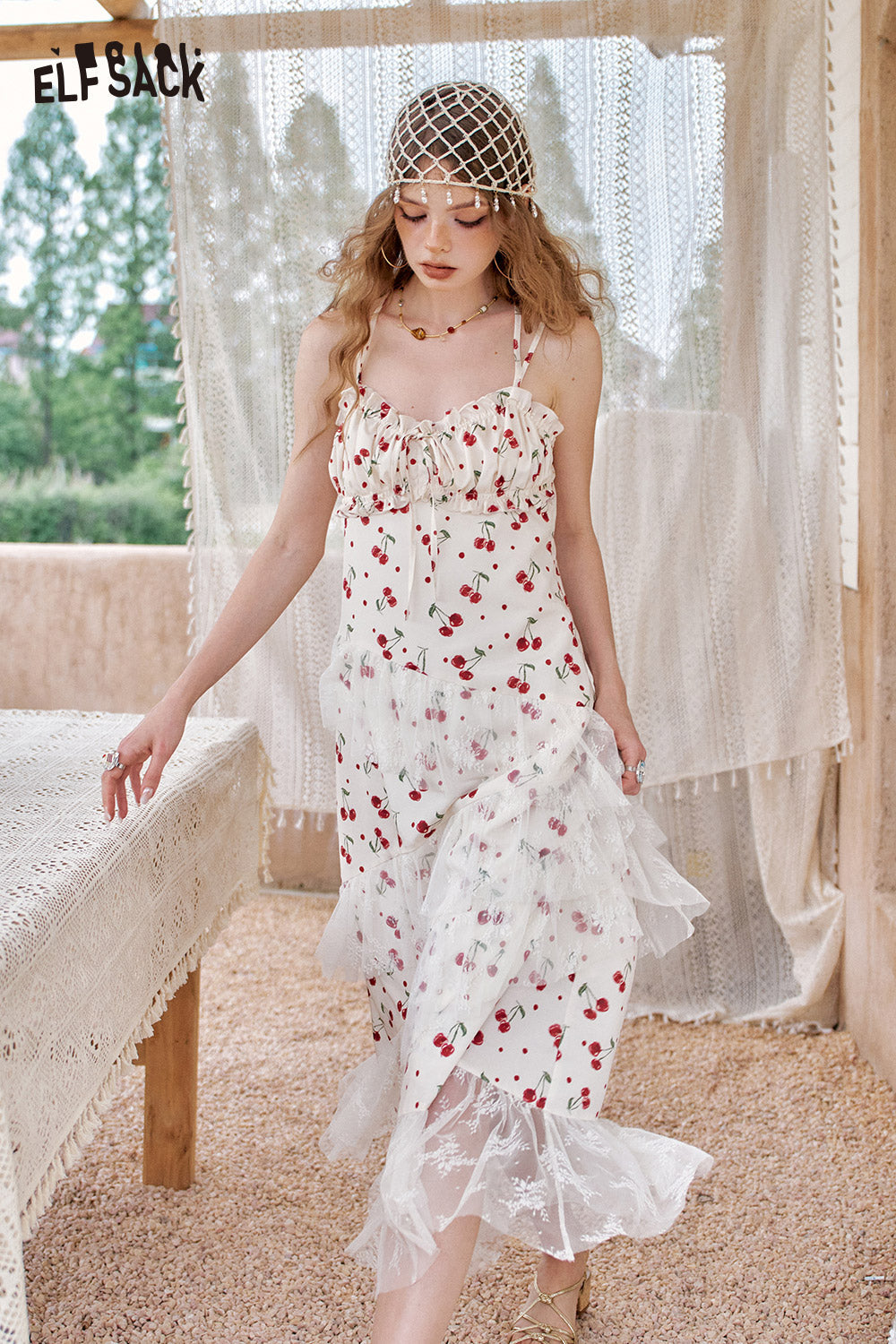 ELFSACK Cherry Print Lace Patchwork Mesh Chic Dress