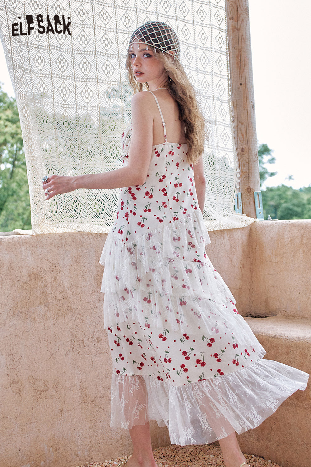 ELFSACK Cherry Print Lace Patchwork Mesh Chic Dress