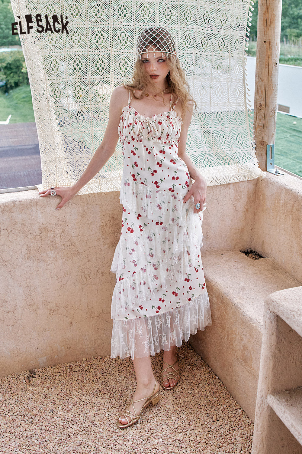 ELFSACK Cherry Print Lace Patchwork Mesh Chic Dress