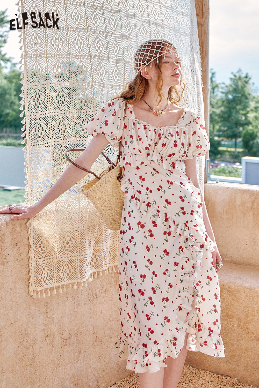 ELFSACK Cherry Print Bubble Sleeve Square Neck Chic Dress