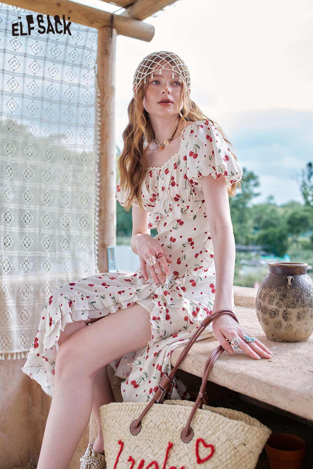 ELFSACK Cherry Print Bubble Sleeve Square Neck Chic Dress
