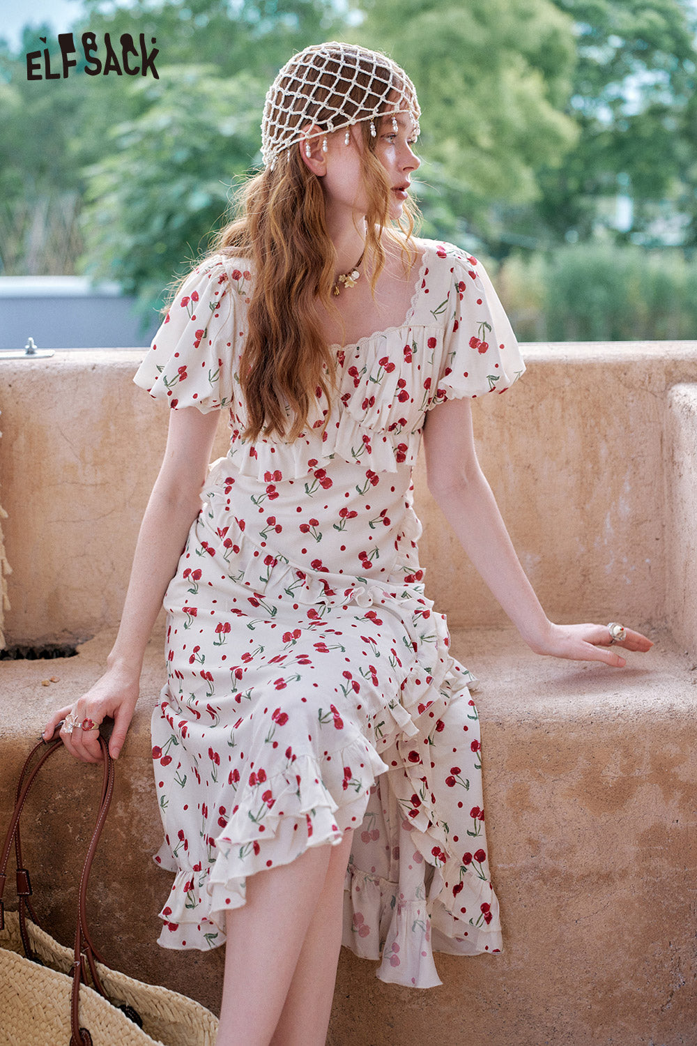 ELFSACK Cherry Print Bubble Sleeve Square Neck Chic Dress