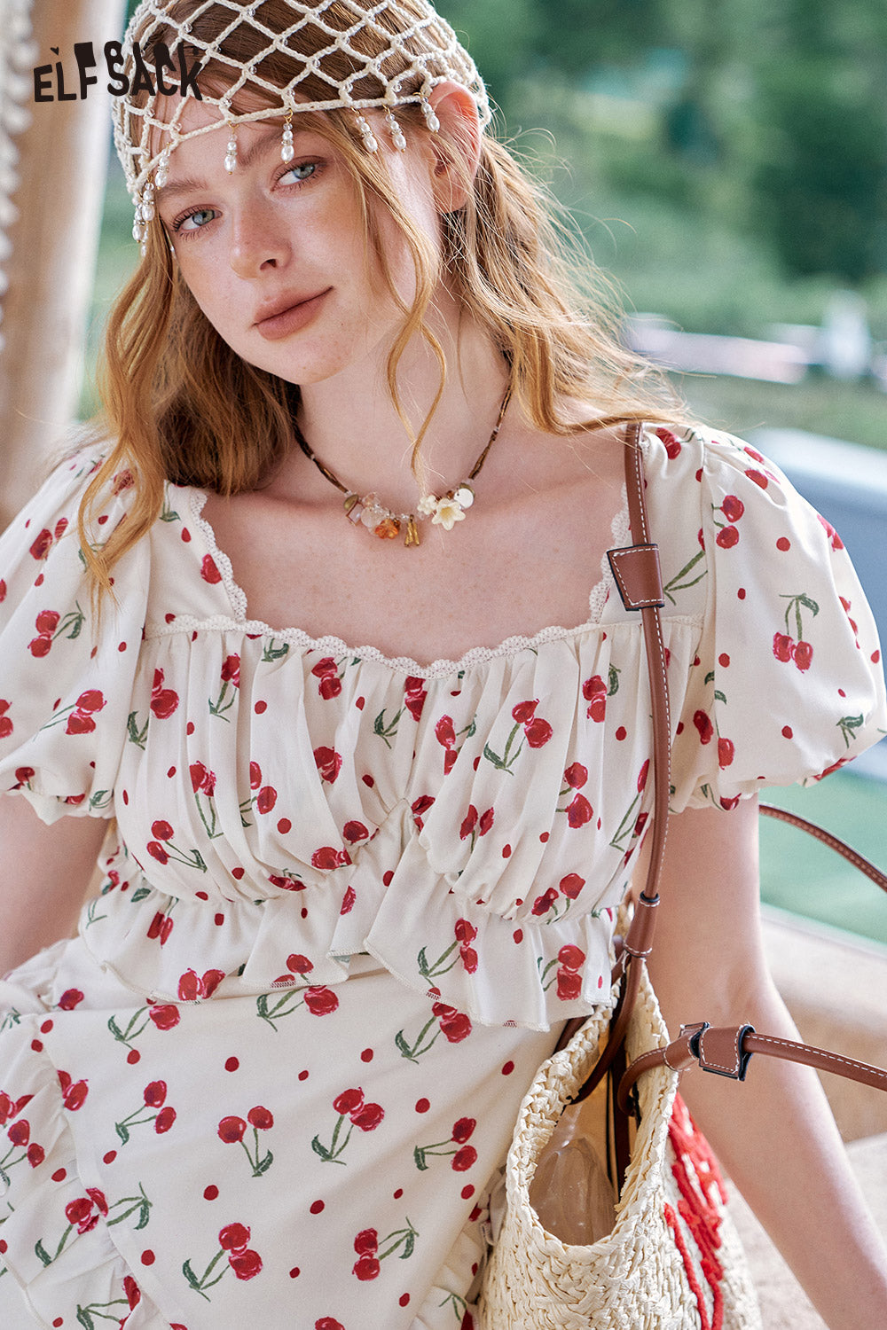 ELFSACK Cherry Print Bubble Sleeve Square Neck Chic Dress