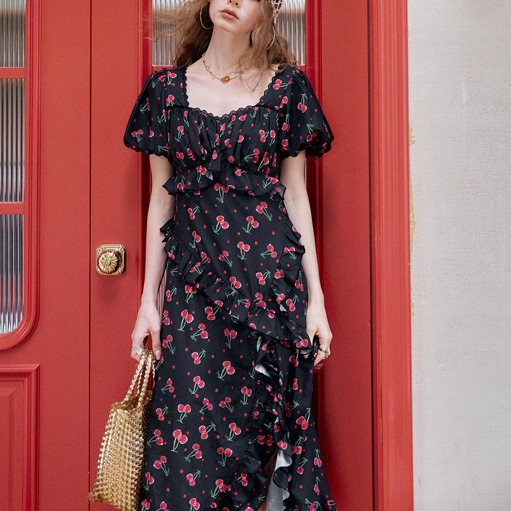 ELFSACK Cherry Print Bubble Sleeve Square Neck Chic Dress