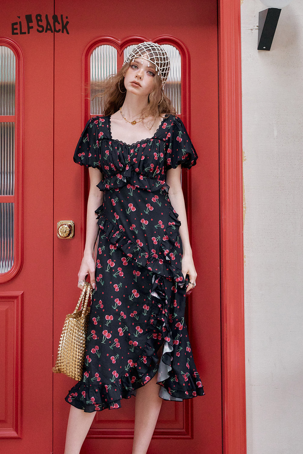 ELFSACK Cherry Print Bubble Sleeve Square Neck Chic Dress