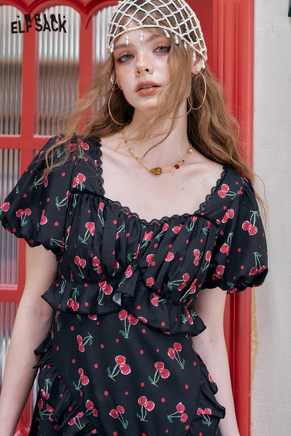 ELFSACK Cherry Print Bubble Sleeve Square Neck Chic Dress