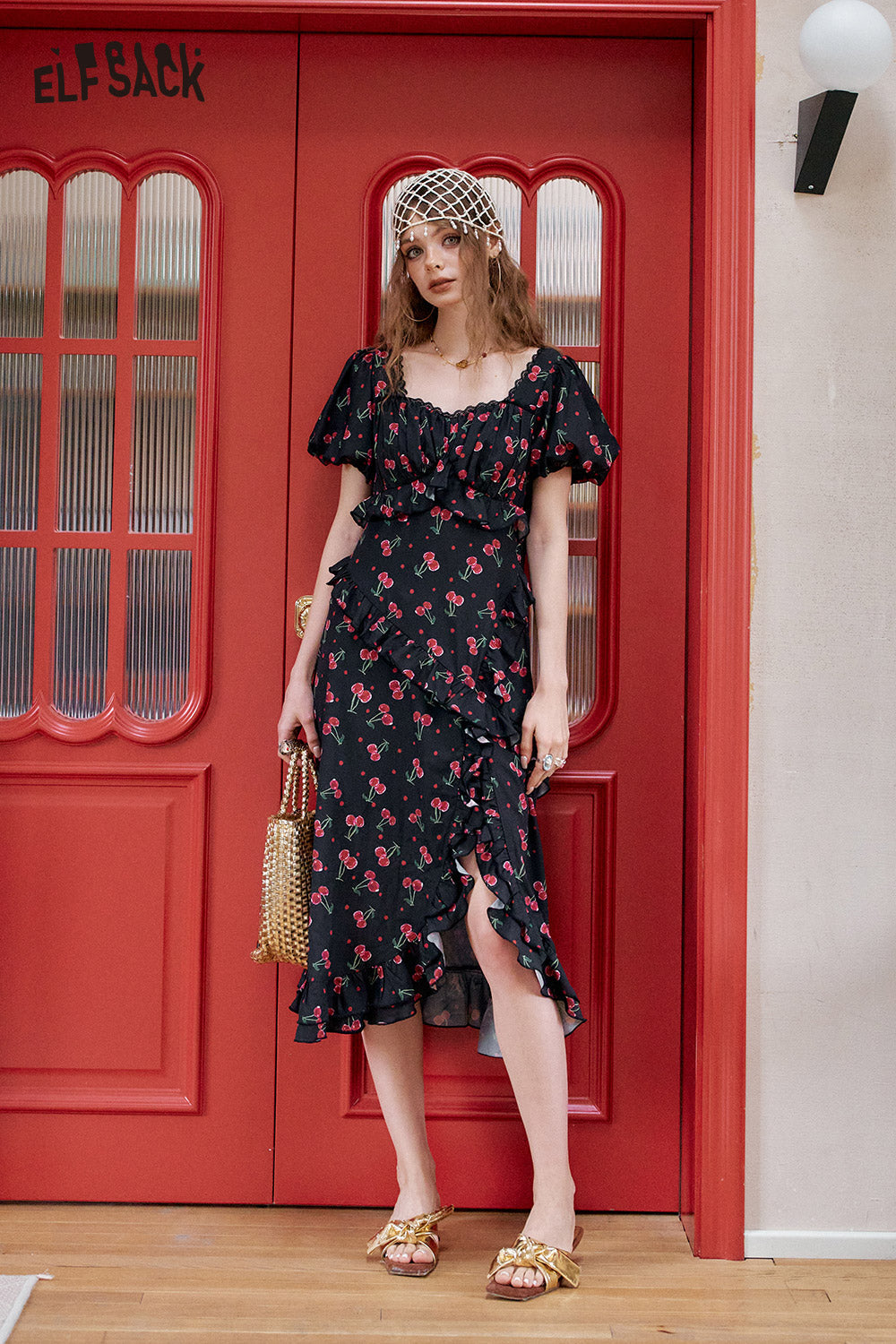 ELFSACK Cherry Print Bubble Sleeve Square Neck Chic Dress
