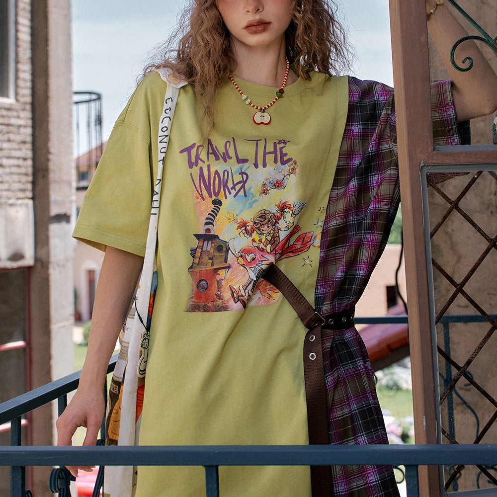 ELFSACK Original Printed Plaid Patchwork Casual Dress