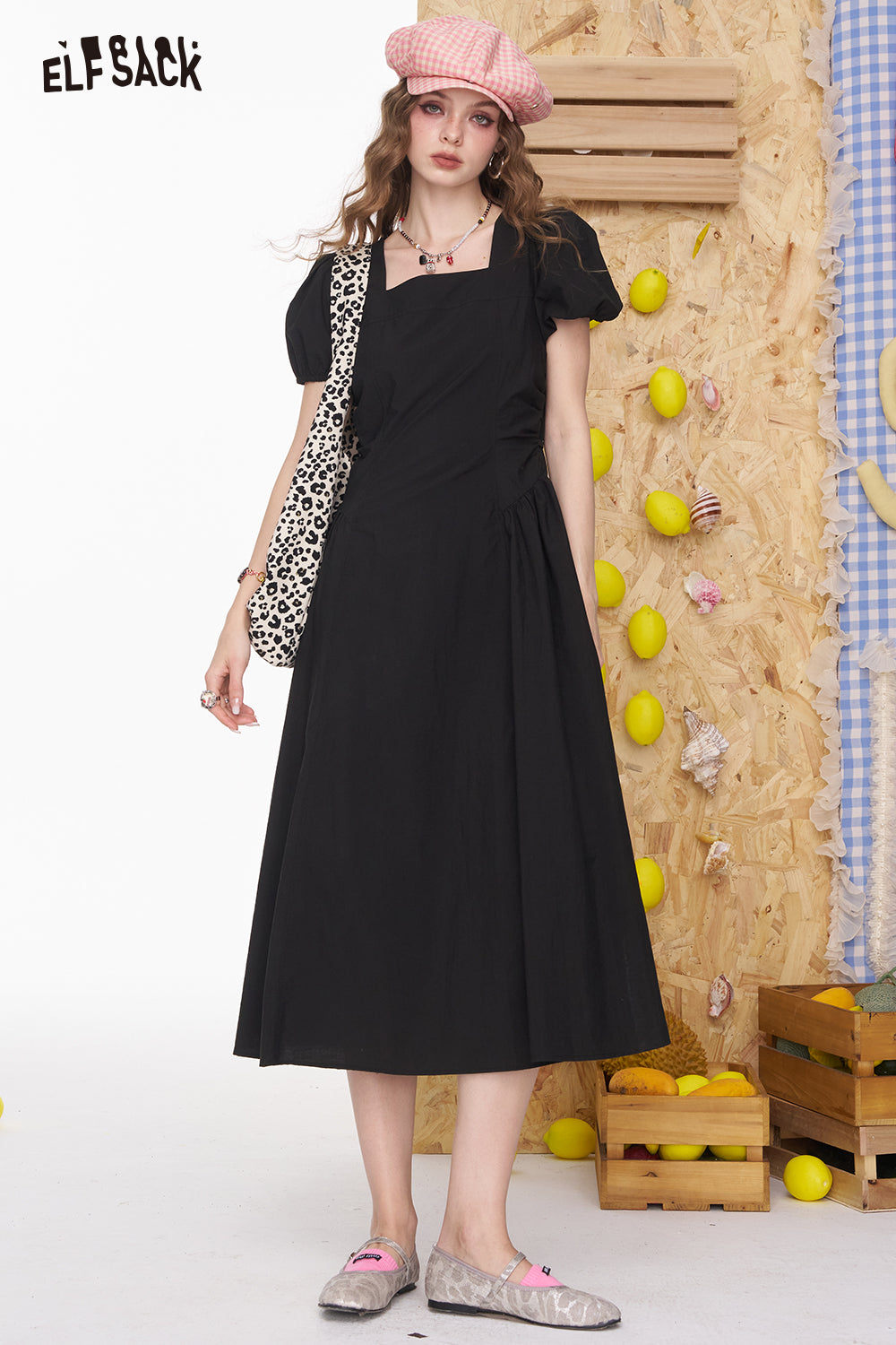 ELFSACK Square Neck White Bubble Sleeve Mid Length Dress