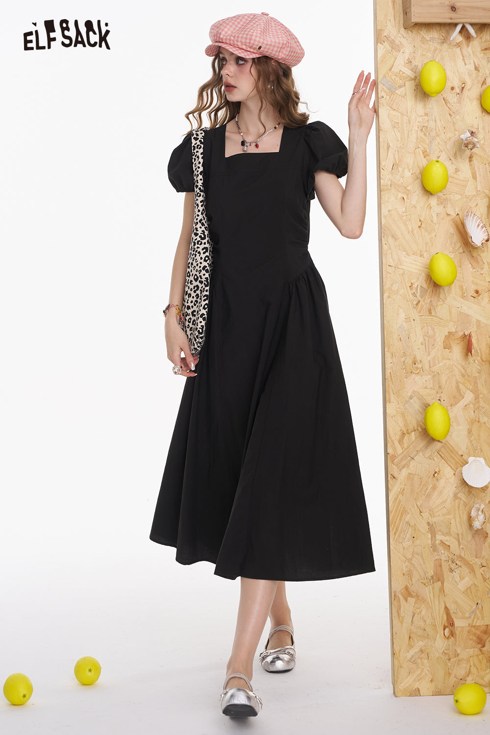 ELFSACK Square Neck White Bubble Sleeve Mid Length Dress