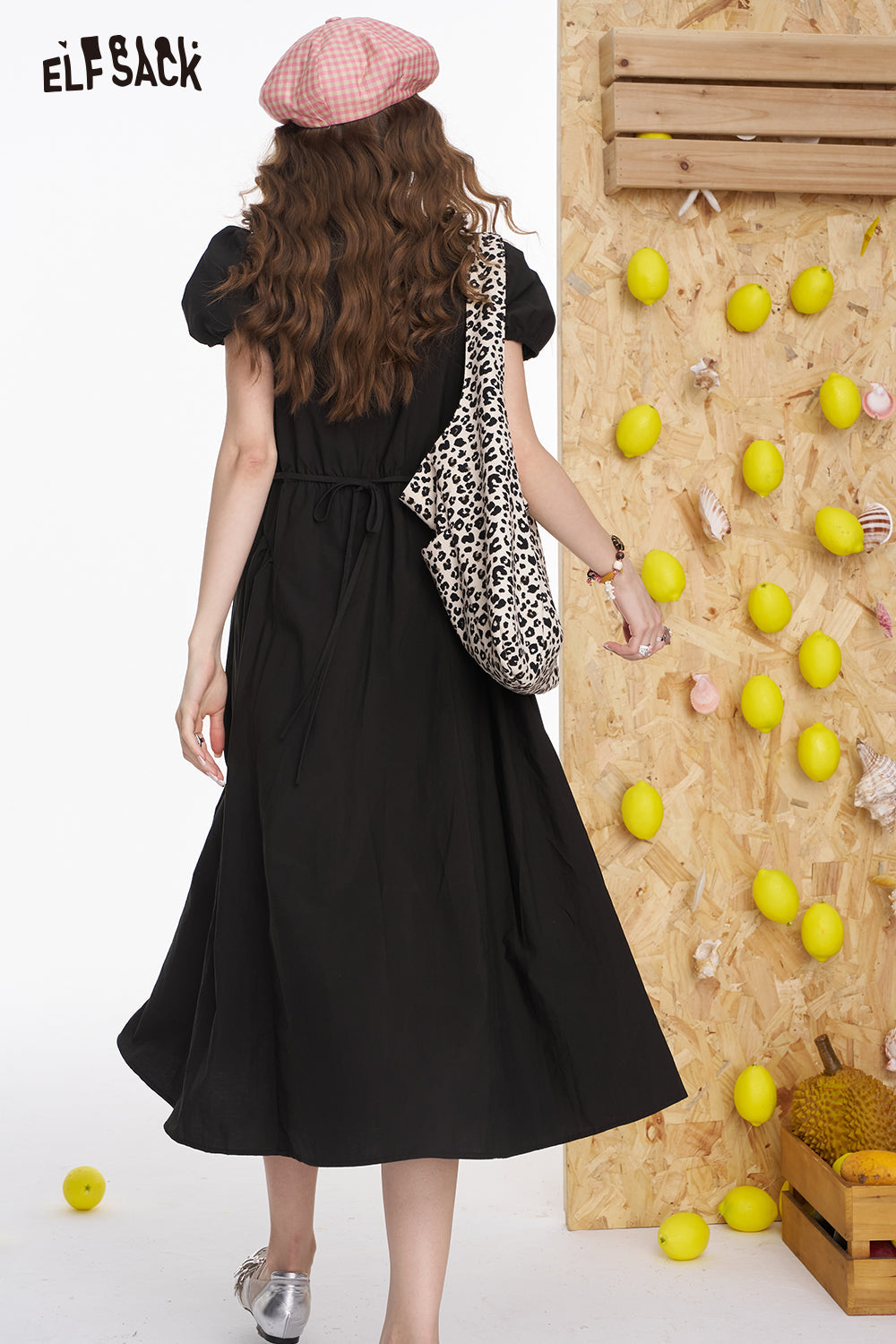 ELFSACK Square Neck White Bubble Sleeve Mid Length Dress