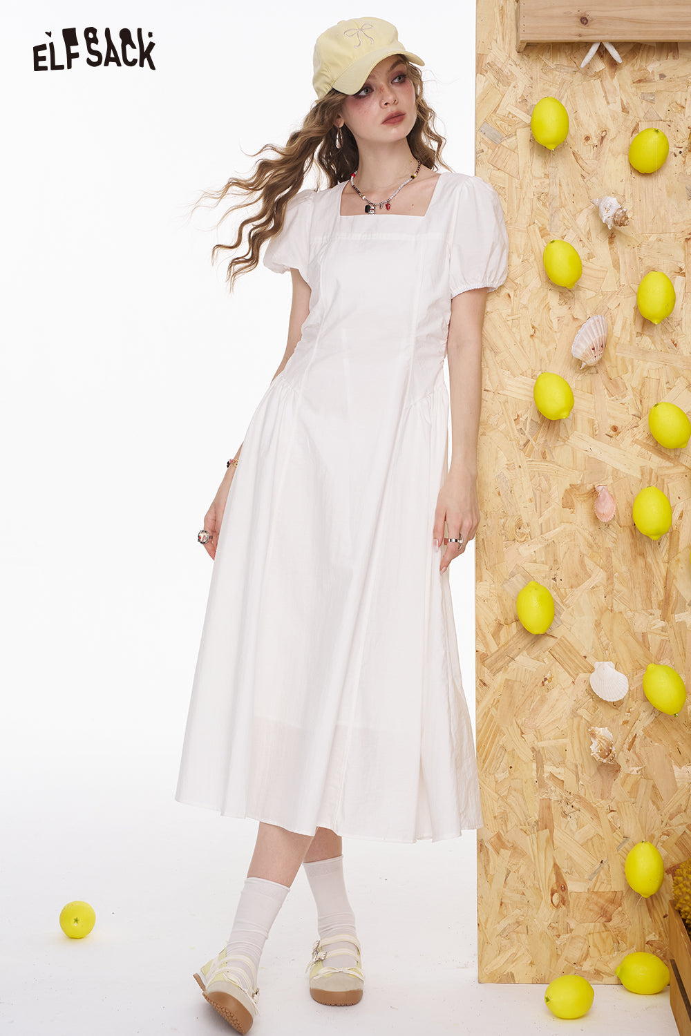 ELFSACK Square Neck White Bubble Sleeve Mid Length Dress