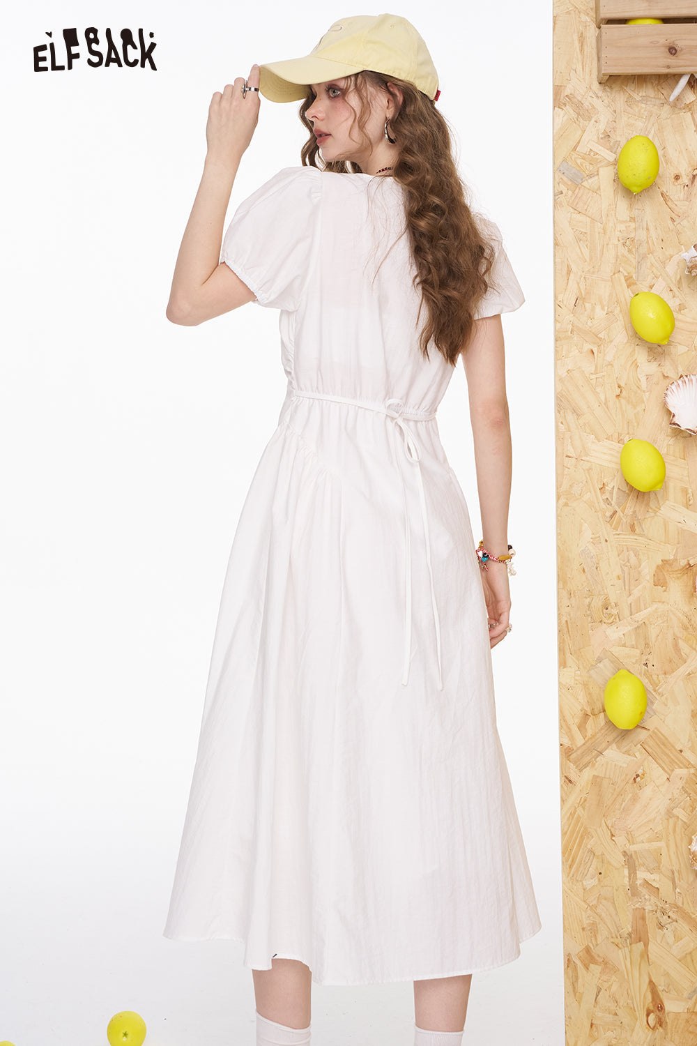 ELFSACK Square Neck White Bubble Sleeve Mid Length Dress
