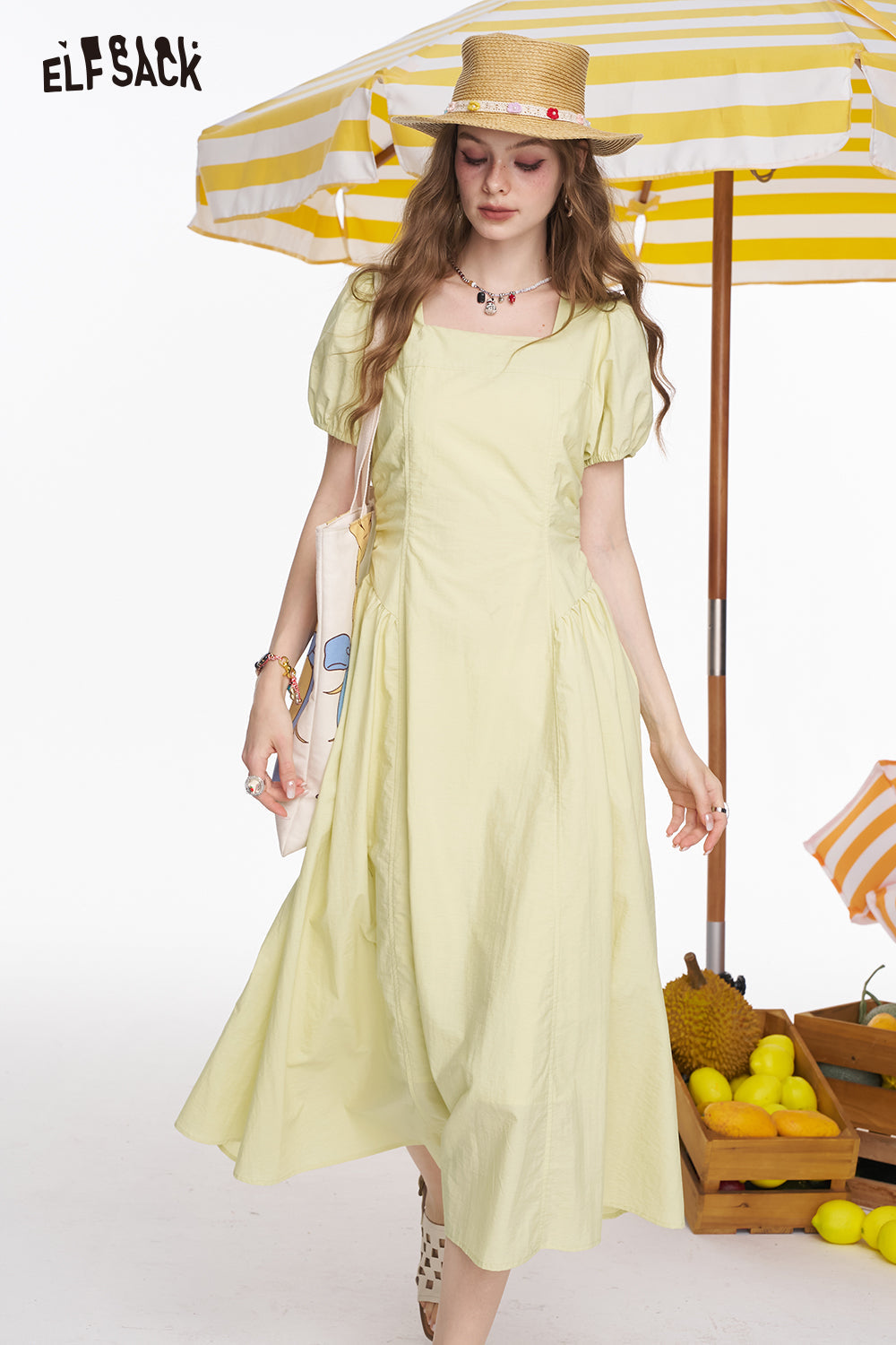 ELFSACK Square Neck White Bubble Sleeve Mid Length Dress
