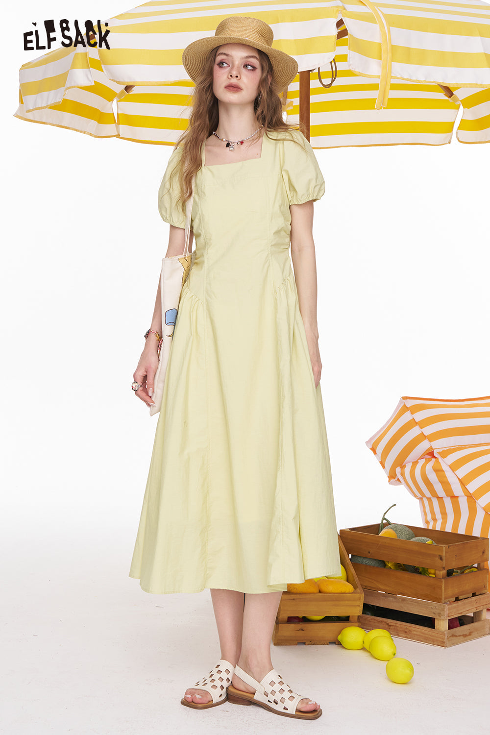 ELFSACK Square Neck White Bubble Sleeve Mid Length Dress